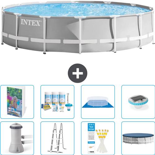 Intex Rond Prism Frame Zwembad - 427 x 107 cm - Grijs - Inclusief Pomp - Ladder - Grondzeil - Afdekzeil - Onderhoudspakket - Verlichting - 9-delig