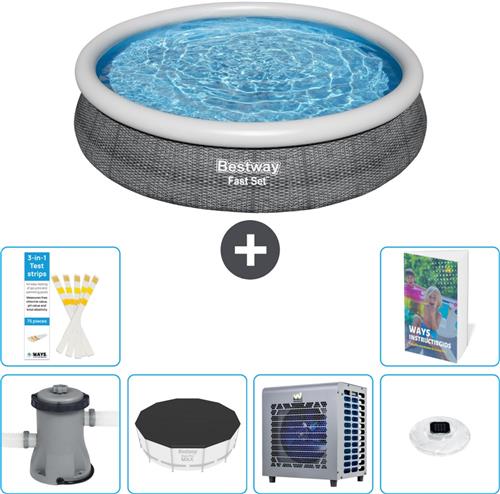 Bestway Rond Opblaasbaar Fast Set Zwembad - Rotanprint - 366 x 76 cm - Inclusief Pomp - Afdekzeil - Warmtepomp - Verlichting - 7-delig