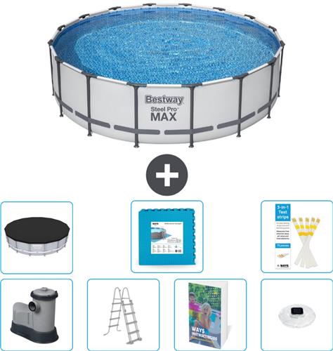 Bestway Rond Steel Pro MAX Zwembad - 488 x 122 cm - Grijs - Inclusief Pomp - Ladder - Afdekzeil - Vloertegels - Verlichting - 8-delig