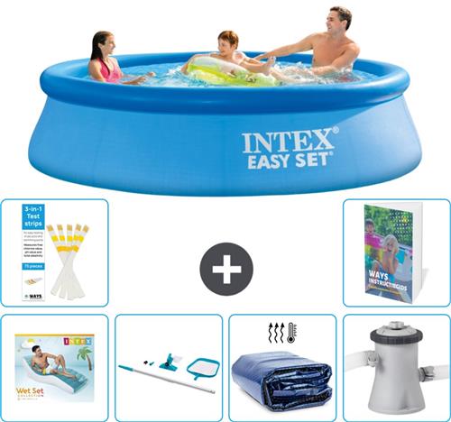 Intex Rond Opblaasbaar Easy Set Zwembad - 305 x 76 cm - Blauw - Inclusief Loungebed - Schoonmaakset - Solarzeil - Zwembadfilterpomp - 7-delig