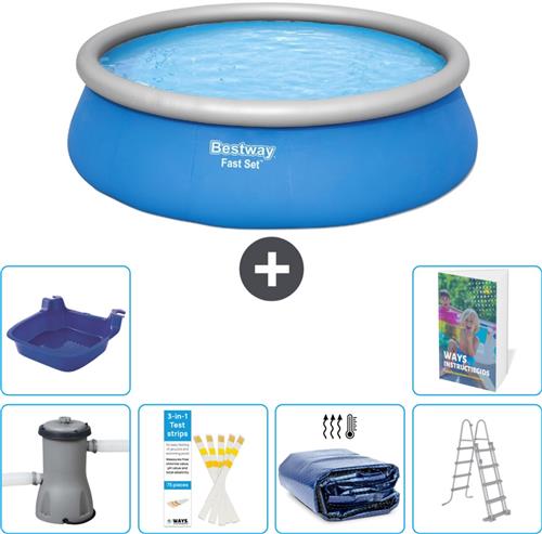 Bestway Rond Opblaasbaar Fast Set Zwembad - 457 x 122 cm - Blauw - Inclusief Pomp - Ladder - Solarzeil - Voetenbad - 7-delig