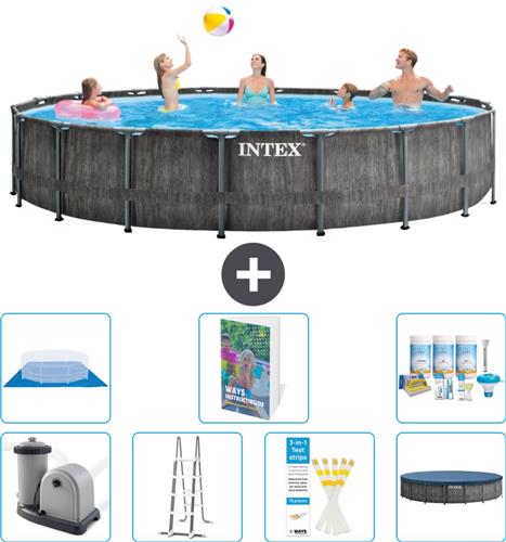 Intex Rond Prism Frame Greywood Zwembad - 549 x 122 cm - Inclusief Pomp - Ladder - Grondzeil - Afdekzeil - Onderhoudspakket - 8-delig