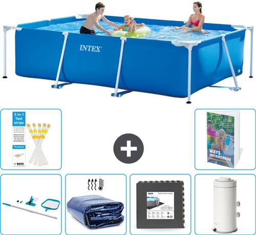Intex Rechthoekig Frame Zwembad - 300 x 200 x 75 cm - Blauw - Inclusief Schoonmaakset - Solarzeil - Vloertegels - Zwembadfilterpomp - 7-delig