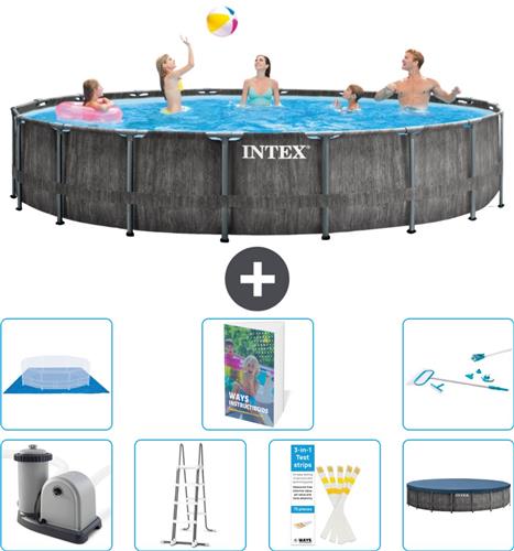 Intex Rond Prism Frame Greywood Zwembad - 549 x 122 cm - Inclusief Pomp - Ladder - Grondzeil - Afdekzeil - Schoonmaakset - 8-delig