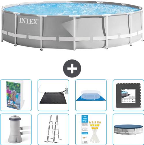 Intex Rond Prism Frame Zwembad - 427 x 107 cm - Grijs - Inclusief Pomp - Ladder - Grondzeil - Afdekzeil - Solar Mat - Vloertegels - 9-delig