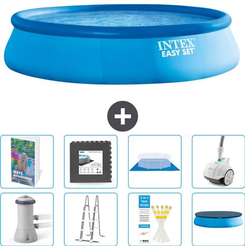 Intex Rond Opblaasbaar Easy Set Zwembad - 457 x 107 cm - Blauw - Inclusief Pomp - Ladder - Grondzeil - Afdekzeil - Vloertegels - Stofzuiger - 9-delig