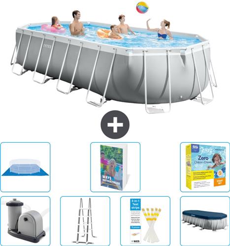 Intex Ovaal Prism Frame Zwembad - 610 x 305 x 122 cm - Grijs - Inclusief Pomp - Ladder - Grondzeil - Afdekzeil - Onderhoudspakket - 8-delig