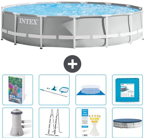 Intex Rond Prism Frame Zwembad - 457 x 107 cm - Grijs - Inclusief Pomp - Ladder - Grondzeil - Afdekzeil - Schoonmaakset - Vloertegels - 9-delig
