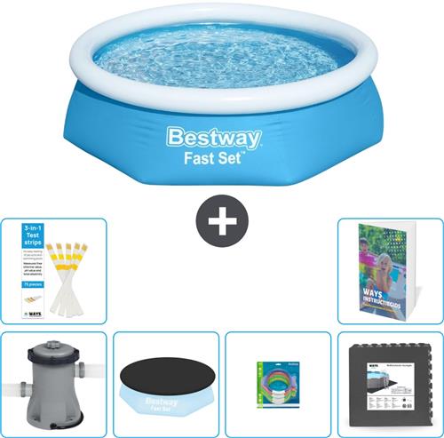 Bestway Rond Opblaasbaar Fast Set Zwembad - 244 x 61 cm - Blauw - Inclusief Pomp - Afdekzeil - Speelgoed - Vloertegels - 7-delig