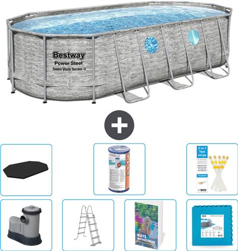 Bestway Ovaal Power Steel Swim Vista Zwembad - Steenprint - 549 x 274 x 122 - Inclusief Pomp - Ladder - Afdekzeil - Filter - Vloertegels - 8-delig