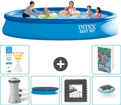 Intex Rond Opblaasbaar Easy Set Zwembad - 457 x 84 cm - Blauw - Inclusief Pomp - Afdekzeil - Vloertegels - Verlichting - 7-delig