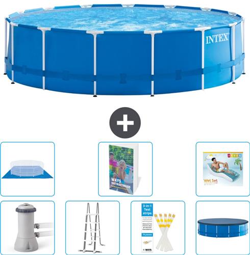 Intex Rond Frame Zwembad - 457 x 122 cm - Blauw - Inclusief Pomp - Ladder - Grondzeil - Afdekzeil - Loungebed - 8-delig