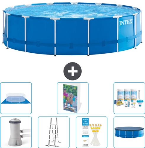 Intex Rond Frame Zwembad - 457 x 122 cm - Blauw - Inclusief Pomp - Ladder - Grondzeil - Afdekzeil - Onderhoudspakket - 8-delig