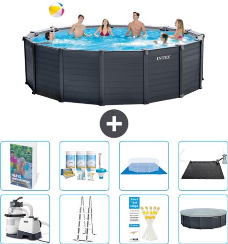 Intex Rond Graphite Gray Panel Zwembad - 478 x 124 cm - Inclusief Pomp - Ladder - Grondzeil - Afdekzeil - Onderhoudspakket - Solar Mat - 9-delig