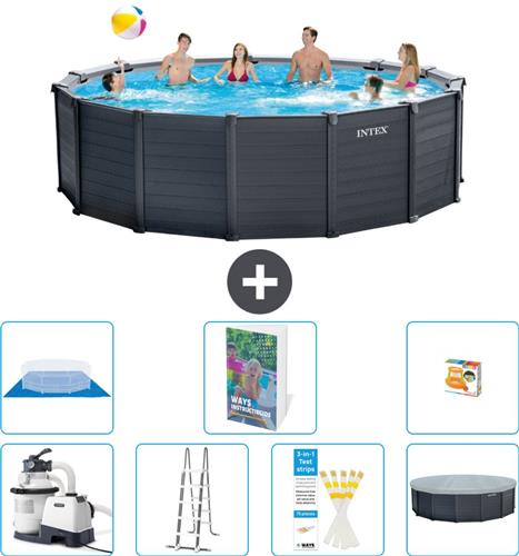 Intex Rond Graphite Gray Panel Zwembad - 478 x 124 cm - Inclusief Pomp - Ladder - Grondzeil - Afdekzeil - Speelgoed - 8-delig
