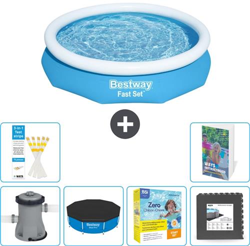 Bestway Rond Opblaasbaar Fast Set Zwembad - 305 x 66 cm - Blauw - Inclusief Pomp - Afdekzeil - Onderhoudspakket - Vloertegels - 7-delig