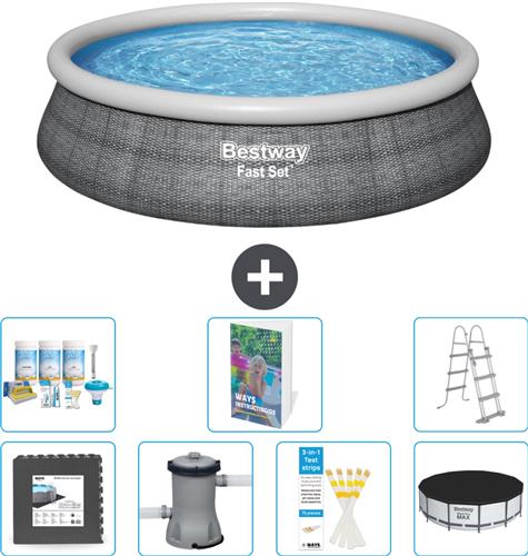 Bestway Rond Opblaasbaar Fast Set Zwembad - Rotanprint - 457 x 107 cm - Inclusief Pomp - Ladder - Afdekzeil - Onderhoudspakket - Vloertegels - 8-delig