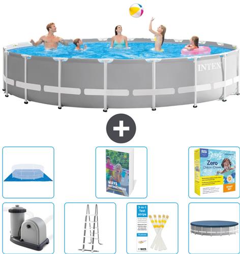 Intex Rond Prism Frame Zwembad - 610 x 132 cm - Grijs - Inclusief Pomp - Ladder - Grondzeil - Afdekzeil - Onderhoudspakket - 8-delig