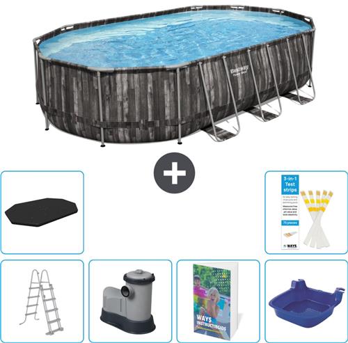 Bestway Ovaal Power Steel Zwembad - 610 x 366 x 122 - Grijs - Inclusief Pomp - Ladder - Afdekzeil - Voetenbad - 7-delig