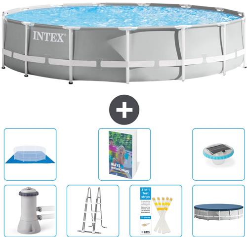 Intex Rond Prism Frame Zwembad - 457 x 107 cm - Grijs - Inclusief Pomp - Ladder - Grondzeil - Afdekzeil - Verlichting - 8-delig