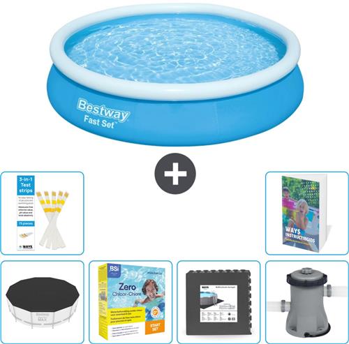 Bestway Rond Opblaasbaar Fast Set Zwembad - 366 x 76 cm - Blauw - Inclusief Afdekzeil - Onderhoudspakket - Vloertegels - Zwembadfilterpomp - 7-delig