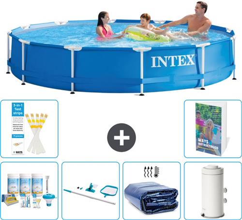 Intex Rond Frame Zwembad - 366 x 76 cm - Blauw - Inclusief Onderhoudspakket - Schoonmaakset - Solarzeil - Zwembadfilterpomp - 7-delig