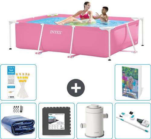 Intex Rechthoekig Frame Zwembad - 220 x 150 x 60 cm - Roze - Inclusief Solarzeil - Vloertegels - Zwembadfilterpomp - Stofzuiger - 7-delig