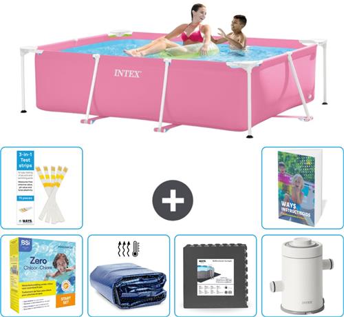 Intex Rechthoekig Frame Zwembad - 220 x 150 x 60 cm - Roze - Inclusief Onderhoudspakket - Solarzeil - Vloertegels - Zwembadfilterpomp - 7-delig