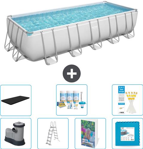 Bestway Rechthoekig Power Steel Zwembad - 640 x 274 x 132 - Grijs - Inclusief Pomp - Ladder - Afdekzeil - Onderhoudspakket - Vloertegels - 8-delig