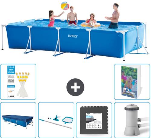 Intex Rechthoekig Frame Zwembad - 450 x 220 x 84 cm - Blauw - Inclusief Afdekzeil - Schoonmaakset - Vloertegels - Zwembadfilterpomp - 7-delig