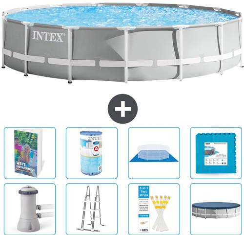 Intex Rond Prism Frame Zwembad - 457 x 107 cm - Grijs - Inclusief Pomp - Ladder - Grondzeil - Afdekzeil - Filter - Vloertegels - 9-delig
