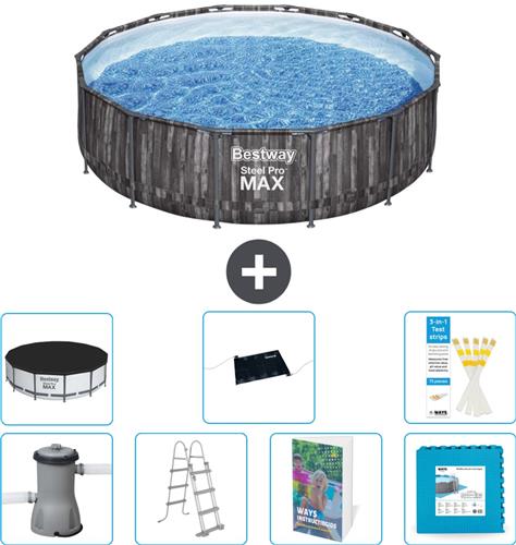 Bestway Rond Steel Pro MAX Zwembad - Houtprint - 427 x 107 cm - Inclusief Pomp - Ladder - Afdekzeil - Solar Mat - Vloertegels - 8-delig