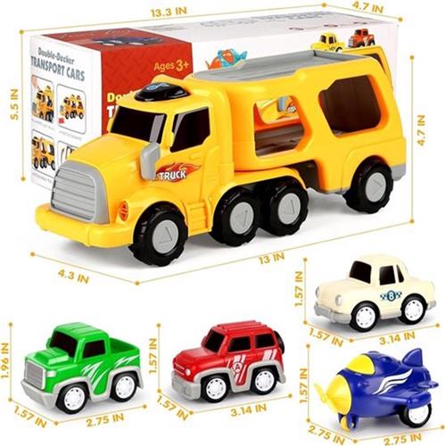 5-in-1 Speelgoed Vrachtwagen Set - Transportwagen met Licht en Geluid & 4 Pull-Back Auto's - Auto Speelgoed Cadeau voor Jongens en Meisjes 2 tot 5 Jaar