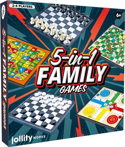 Jollity Works - 5-in-1 Family Games - Ganzenbord - Dammen - Schaken - Slangen en Ladders - Mens erger je niet