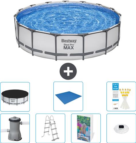 Bestway Rond Steel Pro MAX Zwembad - 457 x 107 cm - Grijs - Inclusief Pomp - Ladder - Afdekzeil - Grondzeil - Verlichting - 8-delig
