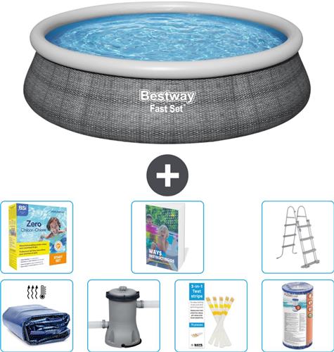 Bestway Rond Opblaasbaar Fast Set Zwembad - Rotanprint - 457 x 107 cm - Inclusief Pomp - Ladder - Filter - Onderhoudspakket - Solarzeil - 8-delig