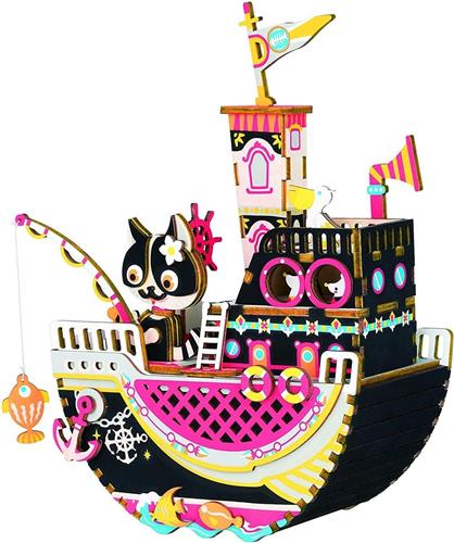 Robotime - Muziekdoos - DIY - 3D - Fishing Kitty - Houten Modelbouw