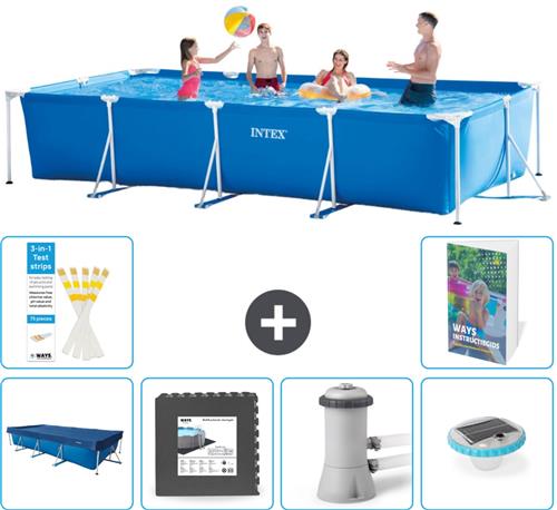 Intex Rechthoekig Frame Zwembad - 450 x 220 x 84 cm - Blauw - Inclusief Afdekzeil - Vloertegels - Zwembadfilterpomp - Verlichting - 7-delig