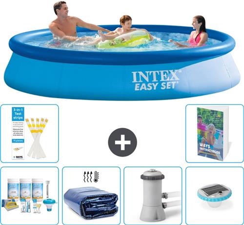 Intex Rond Opblaasbaar Easy Set Zwembad - 366 x 76 cm - Blauw - Inclusief Onderhoudspakket - Solarzeil - Zwembadfilterpomp - Verlichting - 7-delig