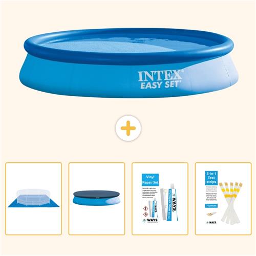 Intex Rond Opblaasbaar Easy Set Zwembad - 366 x 76 cm - Blauw - Inclusief Grondzeil - Afdekzeil - Reparatiesetje - Testrips - 5-delig