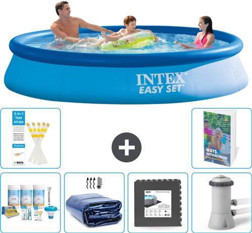 Intex Rond Opblaasbaar Easy Set Zwembad - 366 x 76 cm - Blauw - Inclusief Onderhoudspakket - Solarzeil - Vloertegels - Zwembadfilterpomp - 7-delig