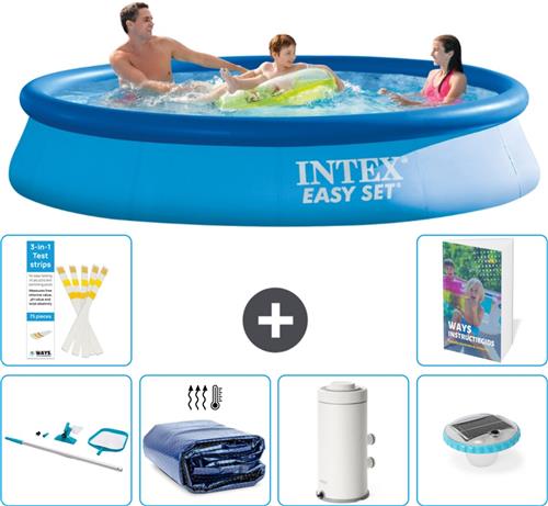 Intex Rond Opblaasbaar Easy Set Zwembad - 366 x 76 cm - Blauw - Inclusief Schoonmaakset - Solarzeil - Zwembadfilterpomp - Verlichting - 7-delig