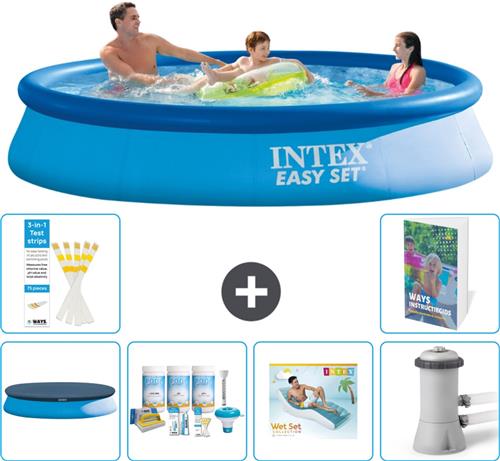 Intex Rond Opblaasbaar Easy Set Zwembad - 366 x 76 cm - Blauw - Inclusief Afdekzeil - Onderhoudspakket - Loungebed - Zwembadfilterpomp - 7-delig