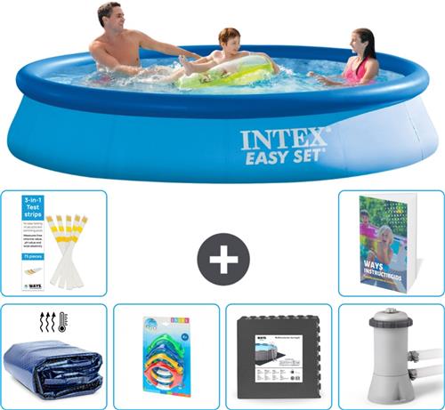 Intex Rond Opblaasbaar Easy Set Zwembad - 366 x 76 cm - Blauw - Inclusief Solarzeil - Speelgoed - Vloertegels - Zwembadfilterpomp - 7-delig