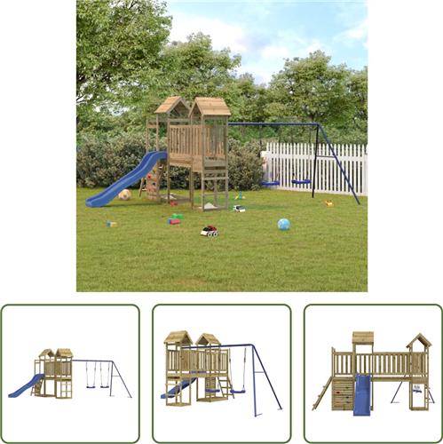 The Living Store Speeltorens met brug - vacuüm geïmpregneerd grenenhout - 505 x 332 x 214 cm - 90 cm hoog platform - dubbele schommelset - golvende glijbaan
