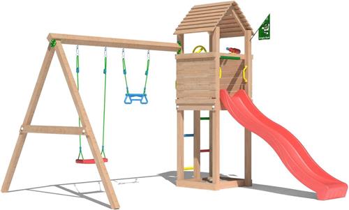 Jungle Gym Speeltoestel Klimtoestel van Verduurzaamd Douglas Hout | Jungle Delight met Rode Glijbaan | Tuin Speeltoestel voor kinderen met Zandbak en Dubbele Schommel
