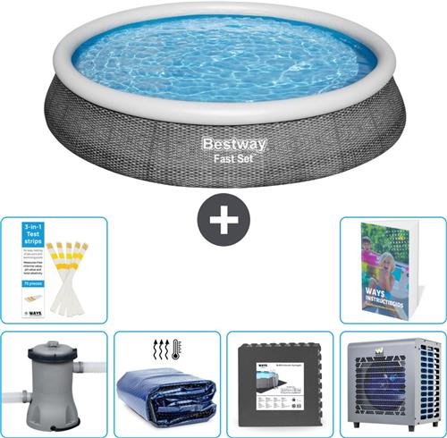 Bestway Rond Opblaasbaar Fast Set Zwembad - Rotanprint - 396 x 84 cm - Inclusief Pomp - Solarzeil - Vloertegels - Warmtepomp - 7-delig