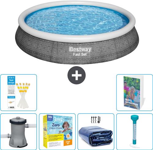 Bestway Rond Opblaasbaar Fast Set Zwembad - Rotanprint - 396 x 84 cm - Inclusief Pomp - Onderhoudspakket - Solarzeil - Thermometer - 7-delig