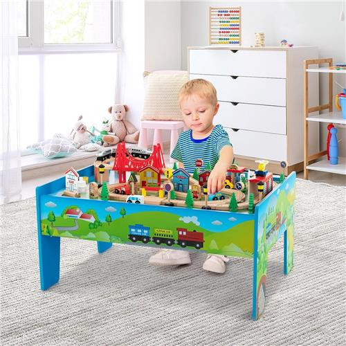 COSTWAY Spoorwegset voor kinderen, 80-delig, speeltafel van hout met omkeerbaar en afneembaar tafelblad en lade, houten spoorbaan, treinspeelgoed voor kinderen vanaf 3 jaar