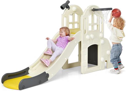 COSTWAY Kinderglijbaan, 6-in-1 kinderglijbaan, ladder, basketbalmand, werpring, telescoop en tunnel, kinderspeelplaats, glijbaan voor binnen en buiten, vanaf 3 jaar oud (geel)